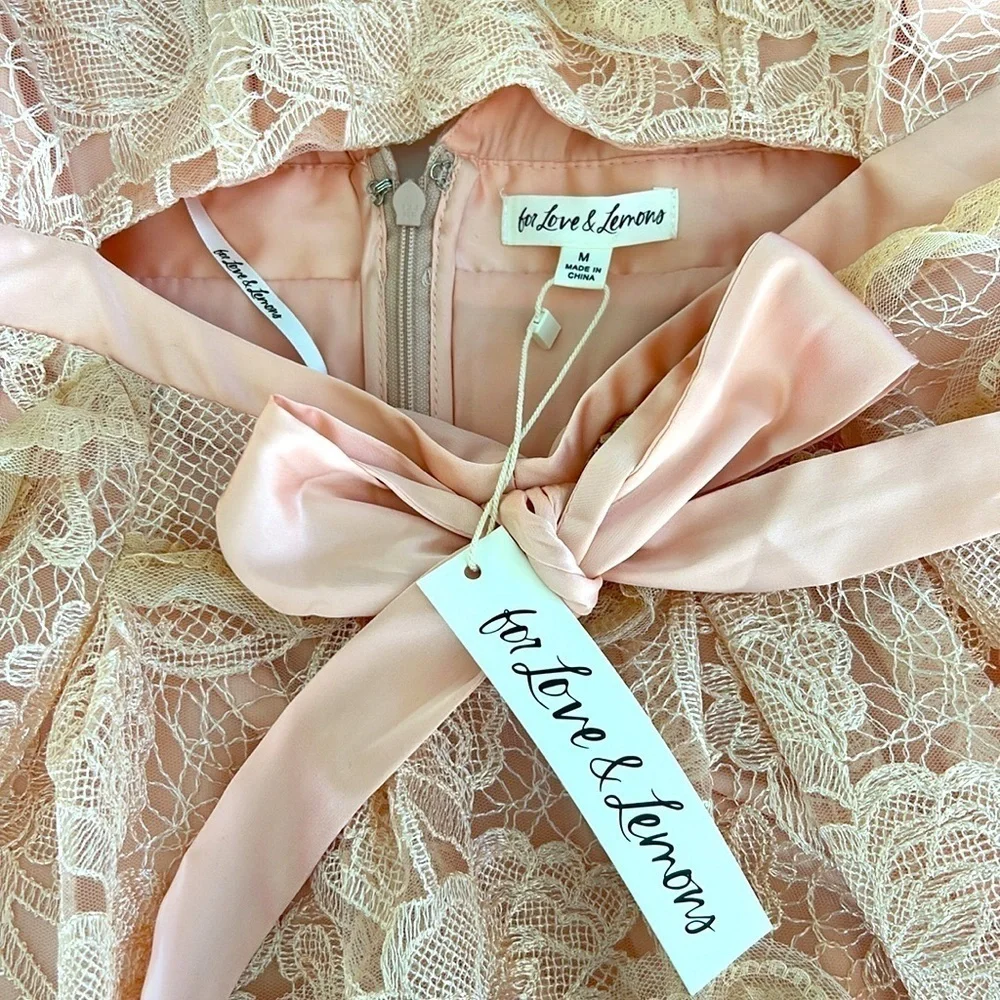 For Love & Lemons Meredith Embroidered Strappy Lace Puff Sleeve Mini Dress - Picture 8 of 15